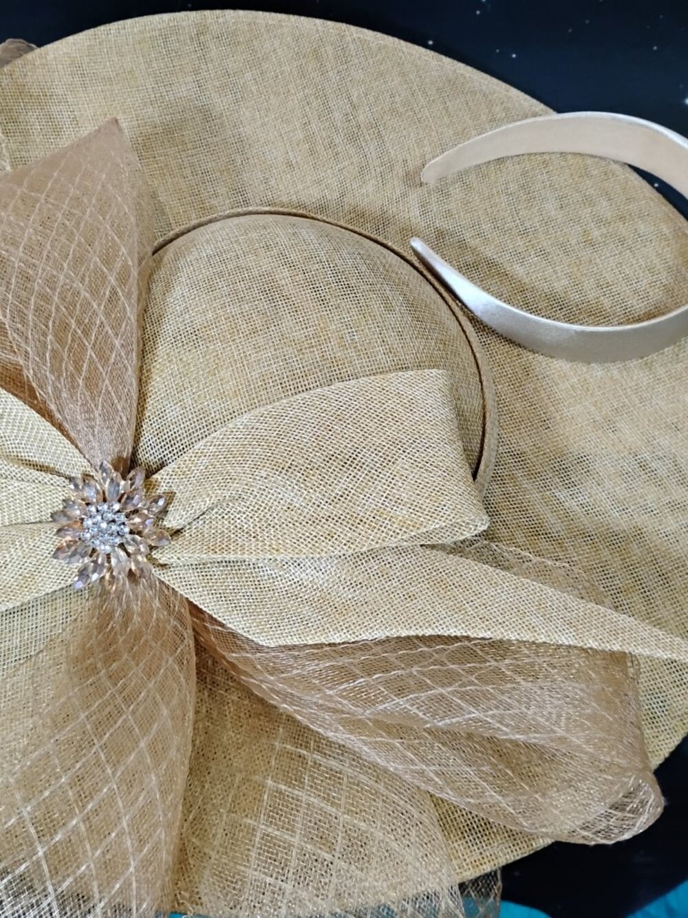 Gold Fascinator Hat Wide Brim Kentucky Derby Tea Party Wedding Headband - Picture 4 of 7